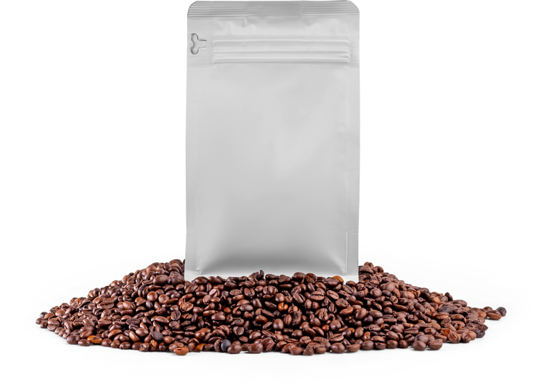 Mockup of a small white coffee pouch, png, stabilo pack on coffee beans